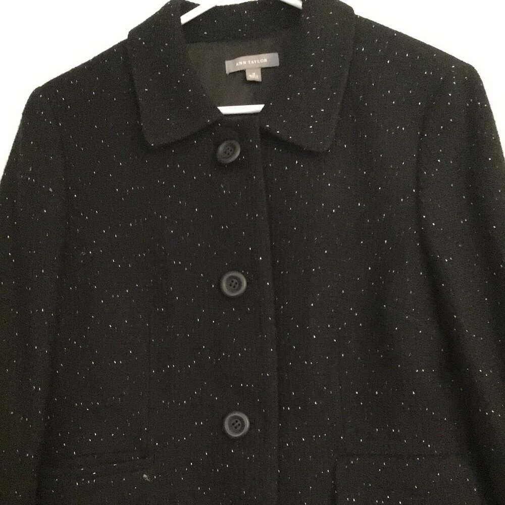 Ann Taylor Blazer Size 12 Black White Flecked 3/4 Sleeves Pockets Wool Blend - Picture 3 of 7
